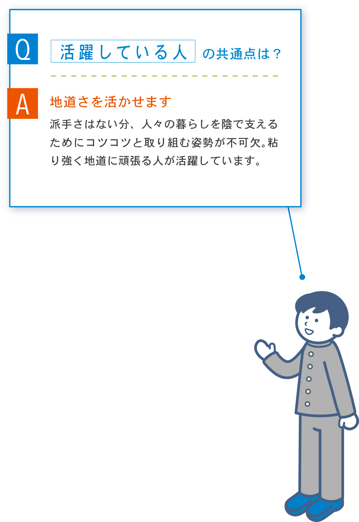 Q 活躍している人の共通点は？ A 地道さを活かせます 派手さはない分、人々の暮らしを陰で支えるためにコツコツと取り組む姿勢が不可欠。粘り強く地道に頑張る人が活躍しています。